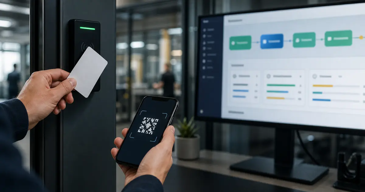 Access card, smartphone scan and workflow dashboard representing controlled operational access tracking.