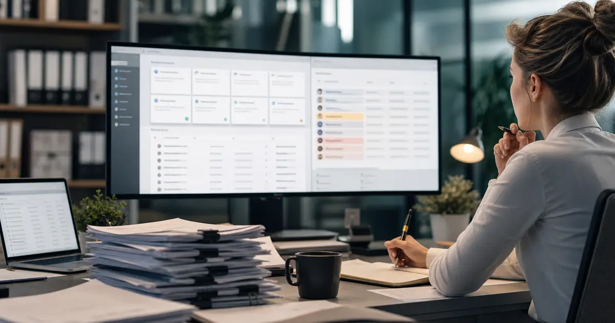 Human review desk with workflow cards and automation dashboard representing practical AI use cases.