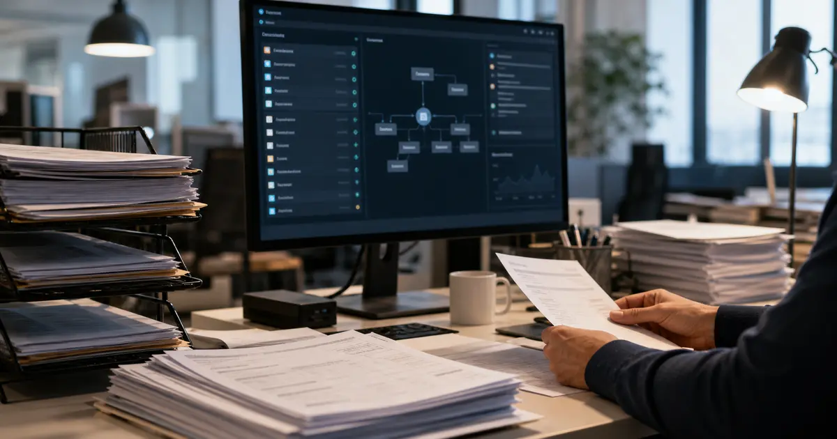 Business document workflow with monitors, paper documents and automation dashboard for classifying email attachments.