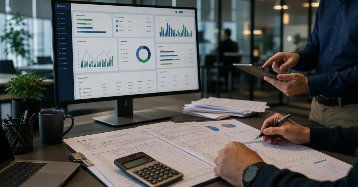 ERP-style operations dashboard with business documents representing AI-assisted decision support.