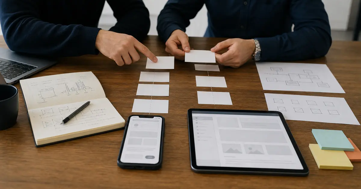 Product strategy table with phone prototype, blank roadmap cards and wireframes for app maturity planning.