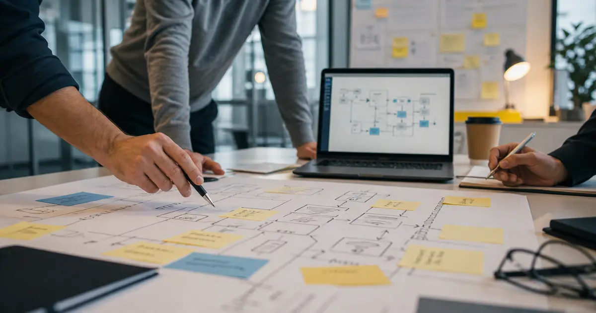 Team reviewing a workflow map on a desk before automation, representing process design before AI implementation.