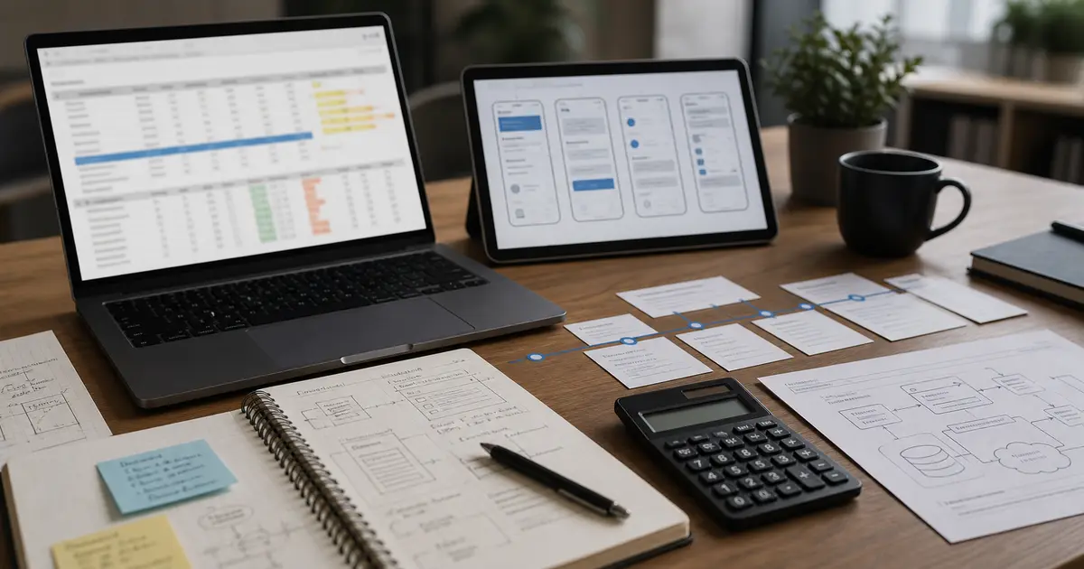 Software project budgeting desk with app wireframes, timeline materials and planning documents.