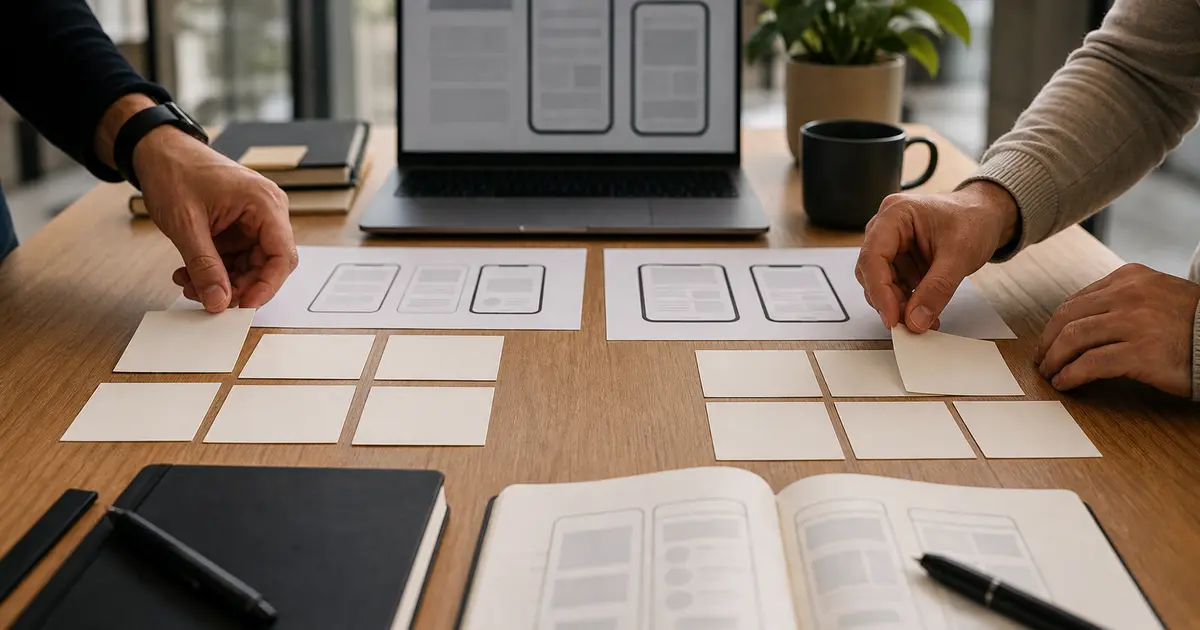 Product planning table with blank cards and app wireframes representing disciplined MVP scope decisions.