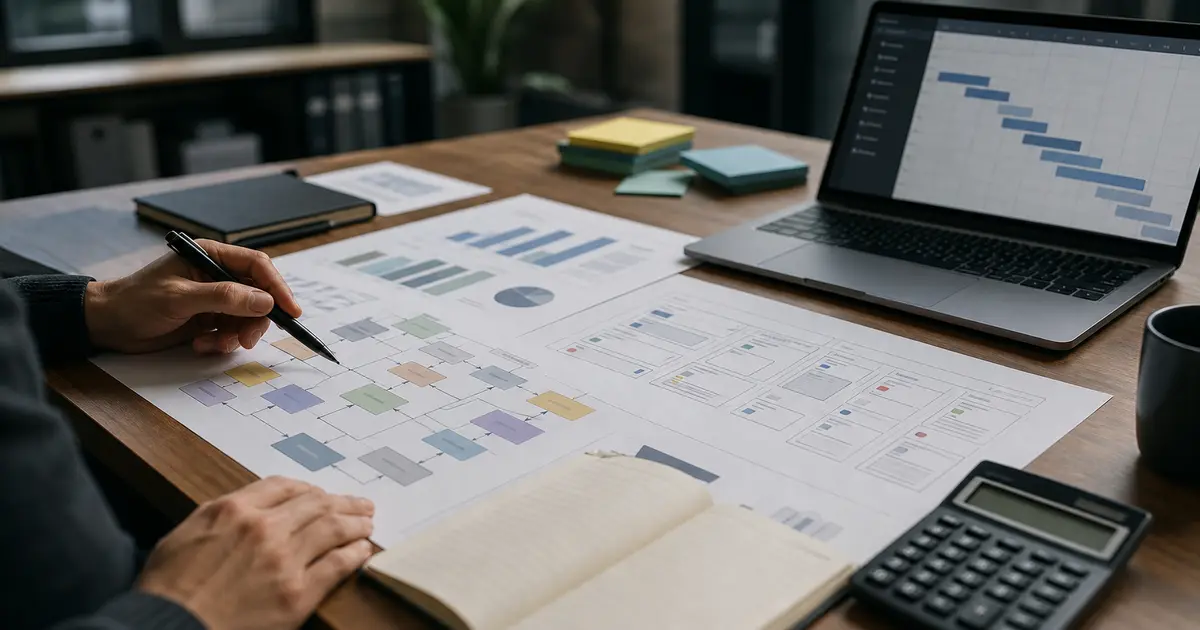 Consultancy planning desk with cost model, process map and project timeline for custom management software.