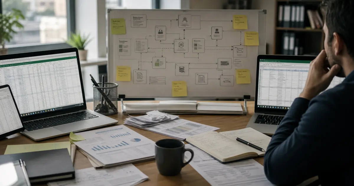 Desk with separate spreadsheets, workflow board and manual process notes representing disconnected business data.
