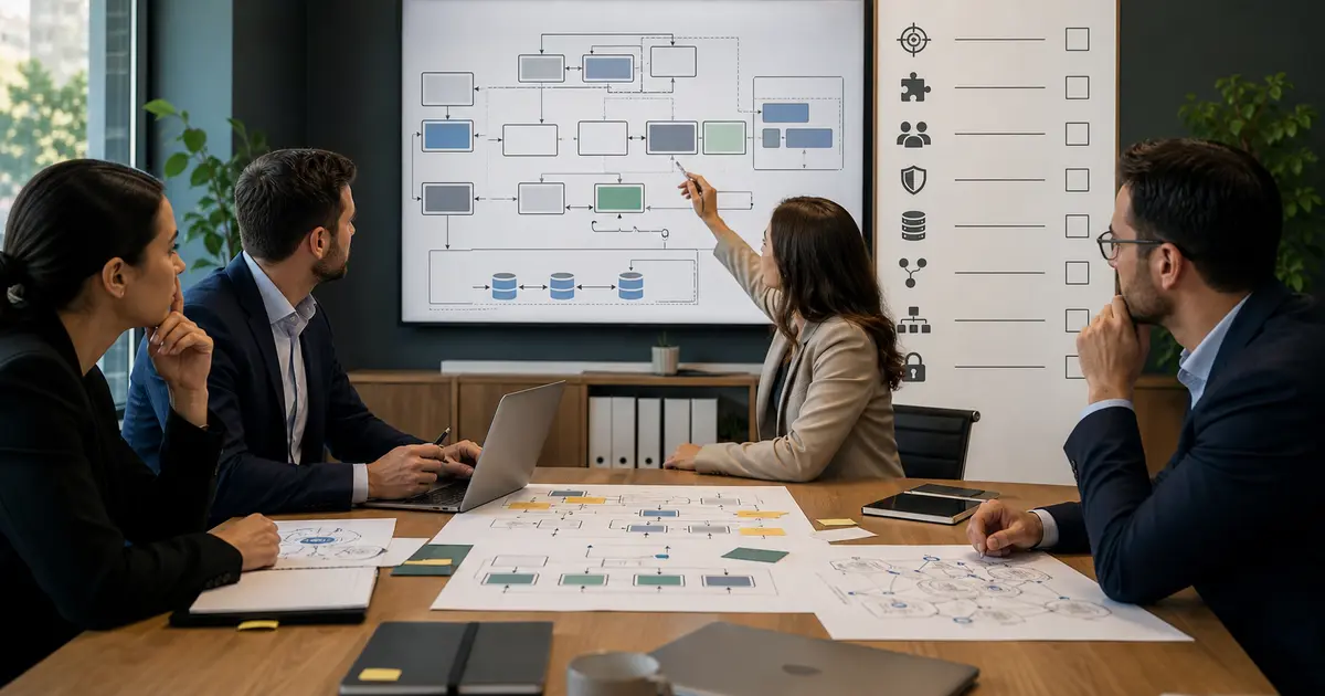 ERP project review room with system map and risk checklist icons representing mistakes to avoid.