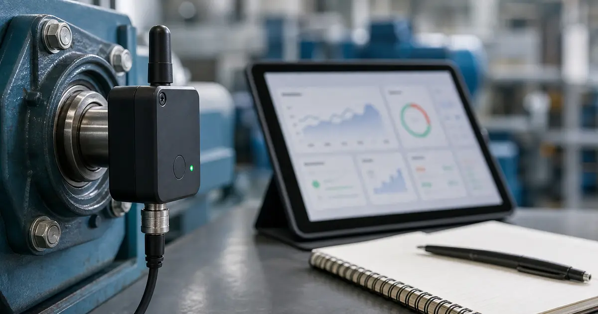 Industrial sensor connected to machinery with operational dashboard in the background for IoT ROI.