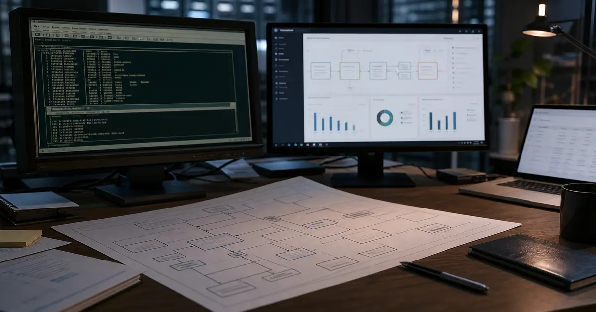 Legacy and modern software systems shown across monitors with dependency diagrams for modernization planning.